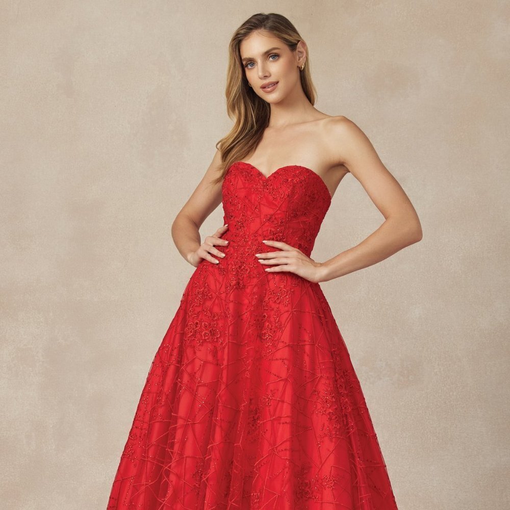 N/A NEW LONG OFF THE SHOULDER STRAPLESS A-LINE DRESS EMBROIDERED WITH LACE 692